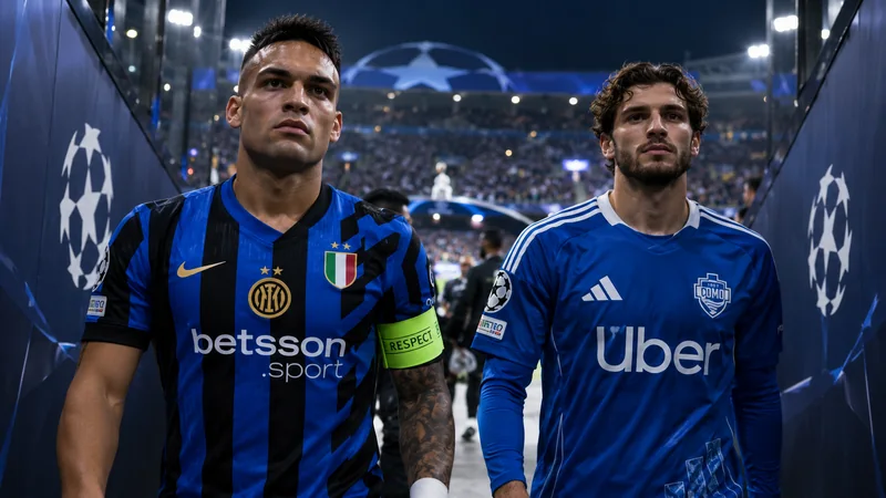 Illustrazione editoriale IA di calciatori dell’Inter in un tunnel europeo; scena non documentaria.