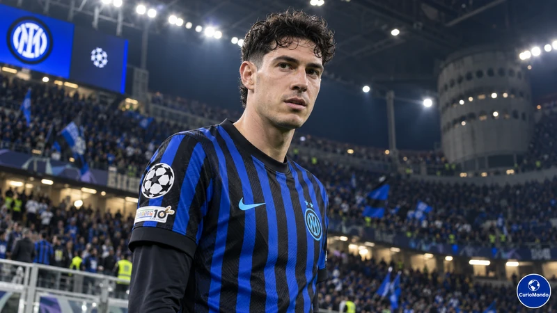 Illustrazione editoriale IA di un calciatore dell’Inter a San Siro prima della sfida con lo Shakhtar; scena non documentaria.