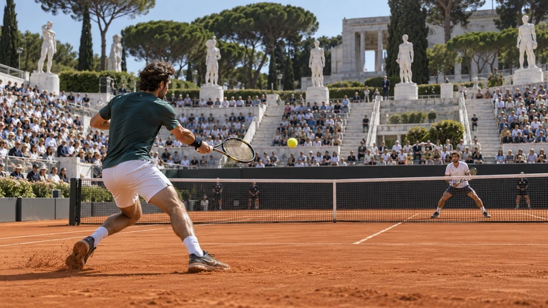 Illustrazione editoriale IA di una partita di tennis sulla terra rossa al Foro Italico; non raffigura un incontro reale.