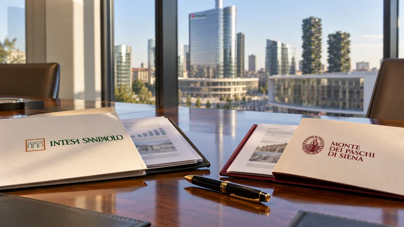 Illustrazione editoriale IA del dossier Intesa Sanpaolo e Monte dei Paschi di Siena su un tavolo a Milano; scena non documentaria.