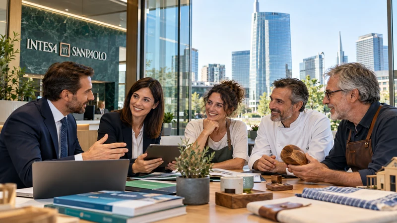 Illustrazione editoriale IA ultrarealistica di piccoli imprenditori italiani con un terminale POS in una filiale Intesa Sanpaolo; scena non documentaria.