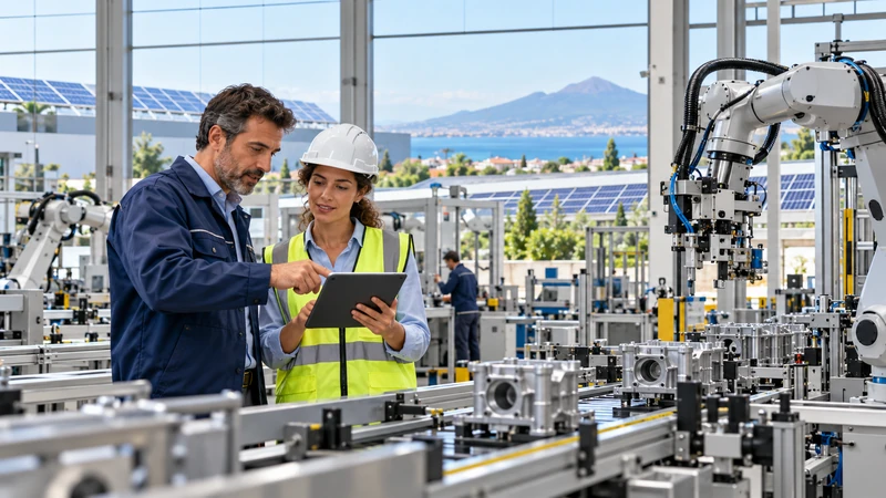 Illustrazione editoriale IA di una PMI del Mezzogiorno con robotica e impianti solari; scena non documentaria.
