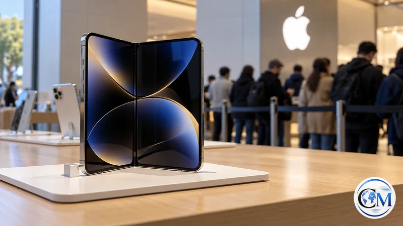 Illustrazione editoriale IA di un telefono pieghevole esposto in un Apple Store; non documenta un negozio o un modello reale.