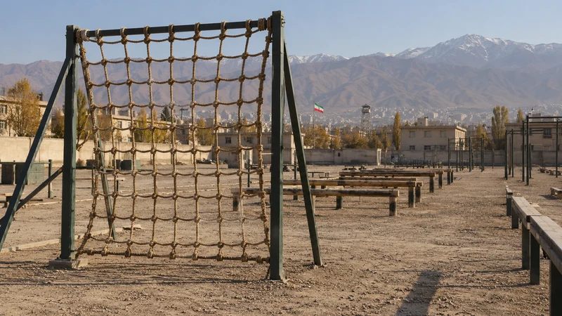 Illustrazione editoriale IA di un percorso a ostacoli con rete di arrampicata e rilievi di Teheran sullo sfondo; scena contestuale non documentaria per l’addestramento Janfada.