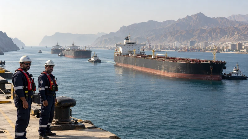 Illustrazione editoriale IA di petroliere nello Stretto di Hormuz osservate da operatori portuali.
