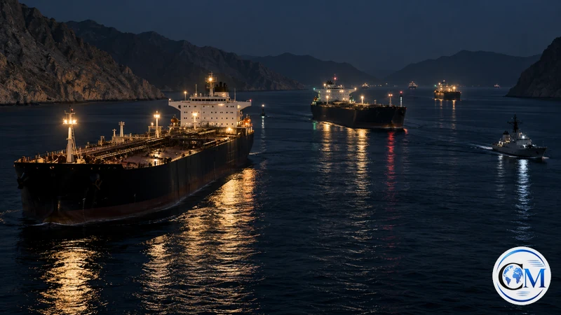 Illustrazione editoriale IA ultrarealistica di petroliere in navigazione notturna nello Stretto di Hormuz; non raffigura gli attacchi riferiti.