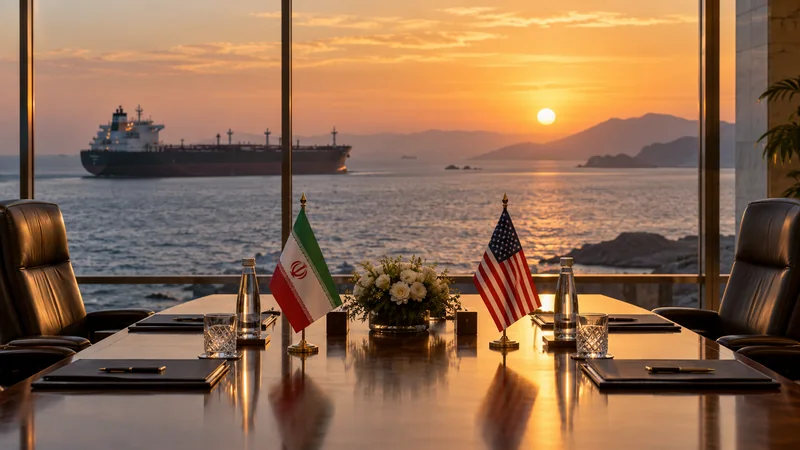 Illustrazione editoriale IA di un tavolo diplomatico Iran–USA con petroliera sul Golfo; scena non documentaria.