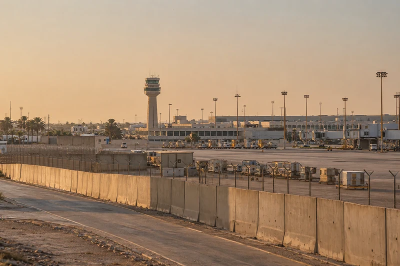 Illustrazione IA di infrastrutture aeroportuali a Baghdad con torre di controllo e barriere, senza militari.