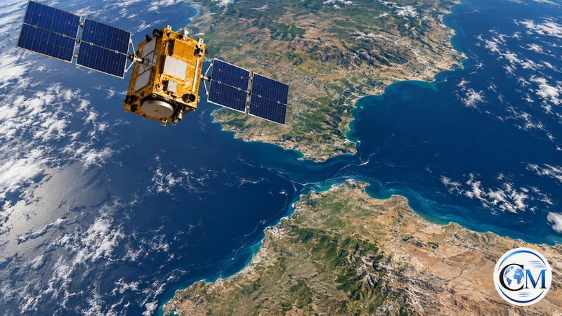 Visualizzazione IA di un piccolo satellite sopra lo Stretto di Gibilterra; non è una ripresa reale né un modello tecnico esatto di Eaglet II.