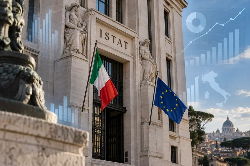 Illustrazione editoriale generata con IA: sede Istat, bandiere italiana ed europea e grafici economici; non è una fotografia documentaria.