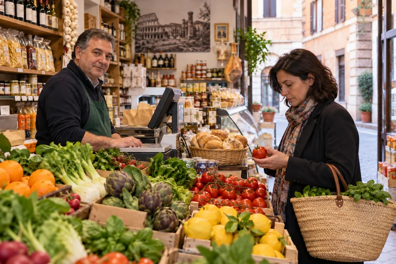 Illustrazione editoriale IA di commerciante e cliente in un negozio alimentare italiano, per rappresentare la fiducia di consumatori e imprese.