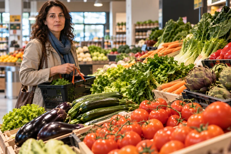 Scena editoriale IA di una consumatrice davanti ai prodotti freschi di un supermercato italiano; non documentaria.