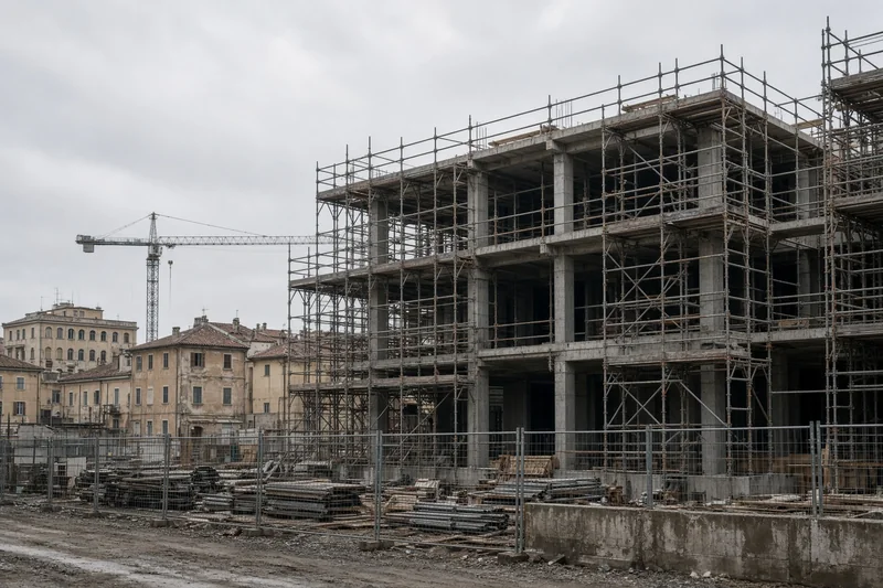 Scena editoriale contestuale generata con IA: cantiere italiano con ponteggi, senza persone riconoscibili; non è una fotografia documentaria di un cantiere specifico.