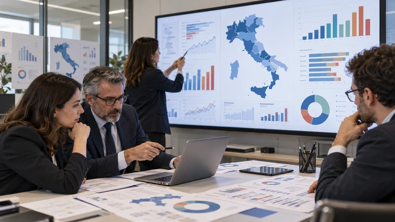 Illustrazione editoriale IA di statistici che analizzano indicatori territoriali italiani; scena simbolica non documentaria.