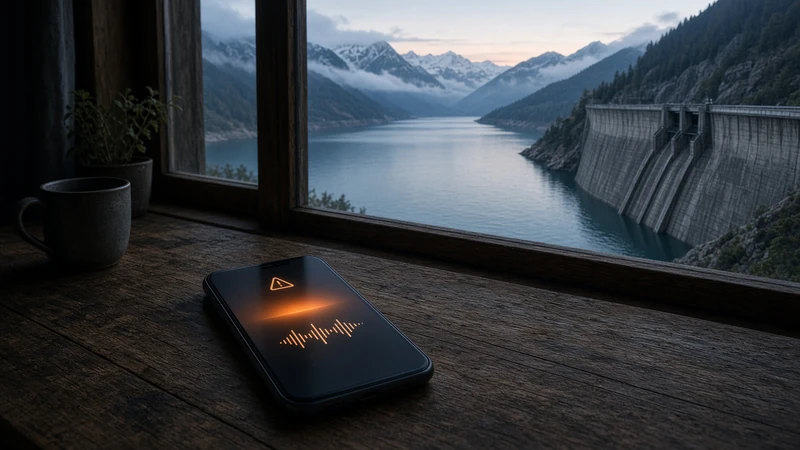 Illustrazione editoriale di un telefono con un avviso di prova e una diga alpina visibile dalla finestra.