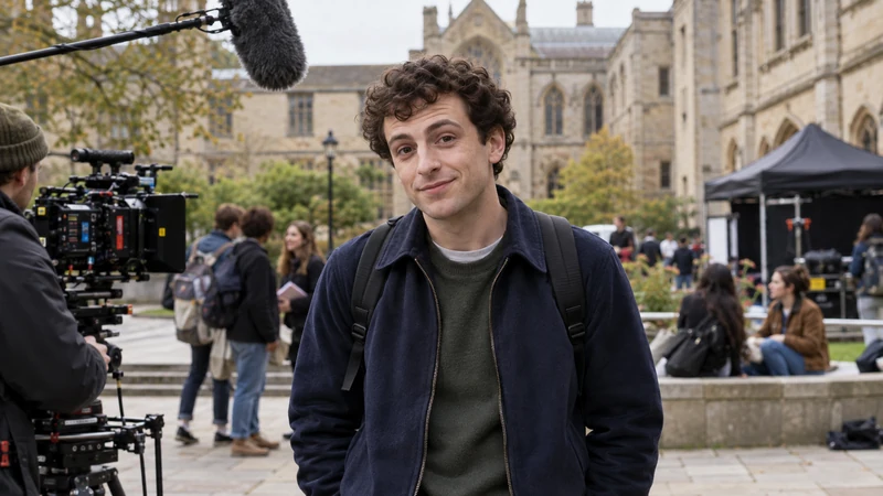 Illustrazione editoriale IA di Leo Reich su un set comedy in un campus statunitense; scena non documentaria.