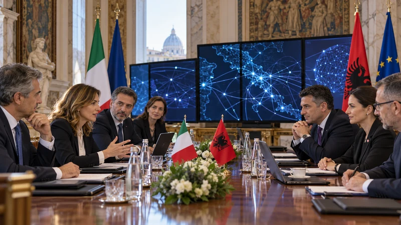 Illustrazione editoriale IA di funzionari italiani e albanesi riuniti alla Farnesina per un dialogo sulla cybersicurezza; scena non documentaria.