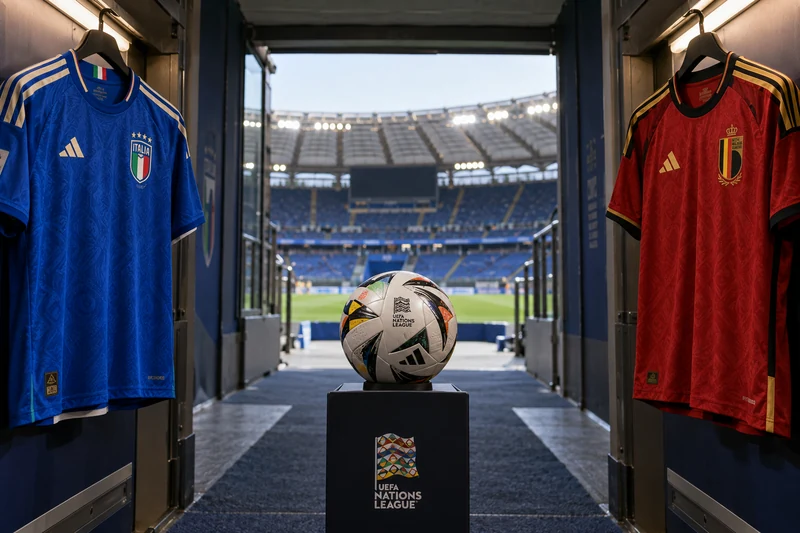 Maglie ufficiali di Italia e Belgio nel tunnel dello Stadio Olimpico prima della Nations League; illustrazione editoriale IA non documentaria.