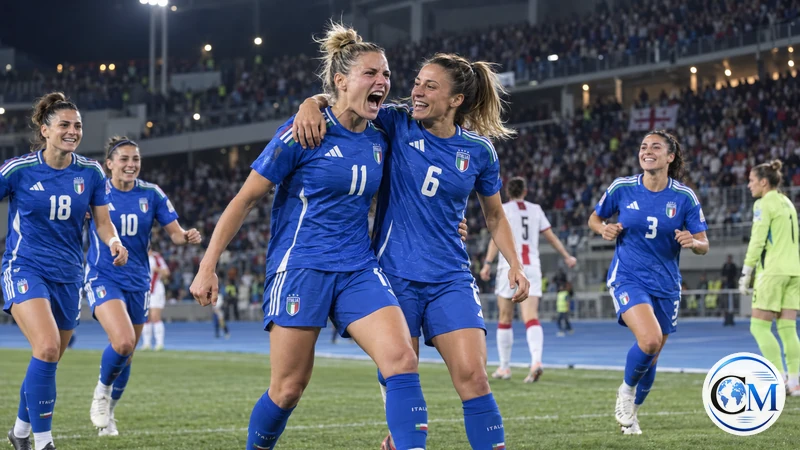 Ricostruzione editoriale IA ultrarealistica delle Azzurre dopo la vittoria sulla Bielorussia; non è una fotografia della partita.
