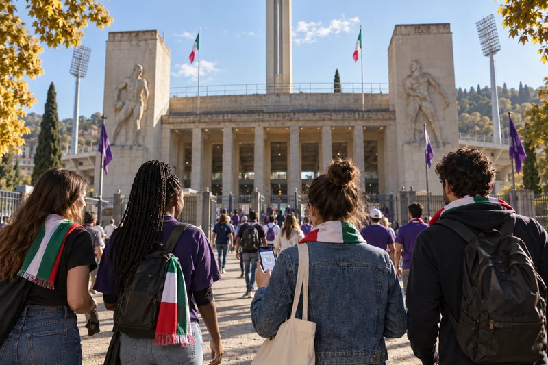Illustrazione IA di tifosi diretti allo stadio Franchi di Firenze; non è una fotografia della partita.