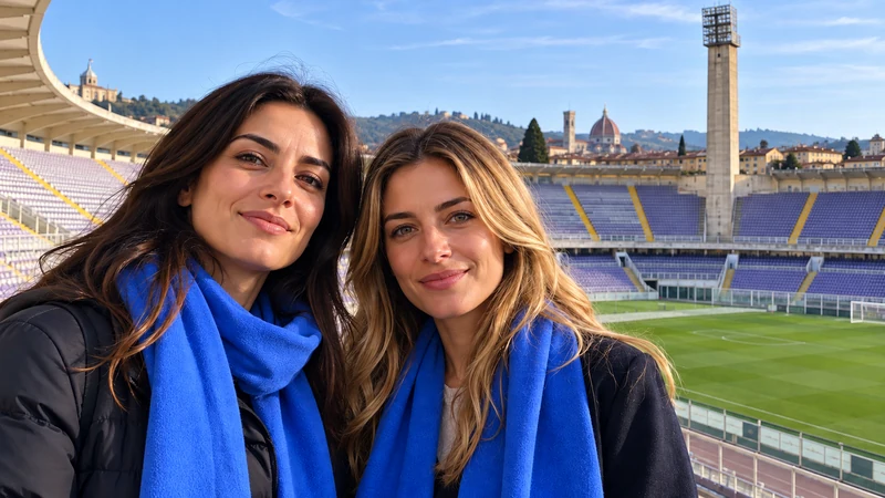 Illustrazione editoriale IA di sostenitrici azzurre nel contesto dello stadio Artemio Franchi di Firenze; non raffigura il risultato della gara.
