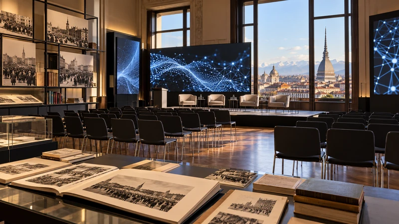 Illustrazione editoriale IA ultrarealistica di una sala culturale torinese con archivi e schermi dedicati all'intelligenza artificiale; scena non documentaria.