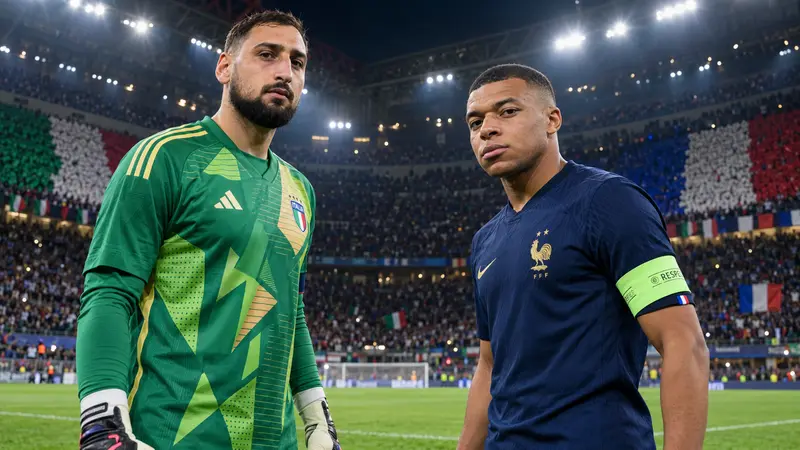 Illustrazione editoriale di Donnarumma e Mbappé davanti a San Siro prima di Italia-Francia.