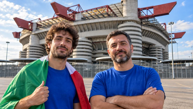 Illustrazione editoriale IA di tifosi davanti allo stadio Giuseppe Meazza di Milano; non documenta la vendita dei biglietti.