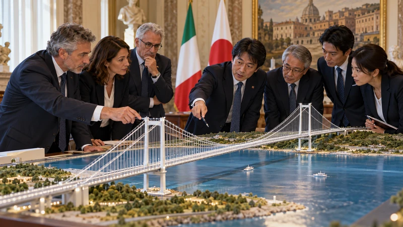 Illustrazione editoriale IA di tecnici italiani e giapponesi davanti a un plastico di ponte sospeso; scena non documentaria.