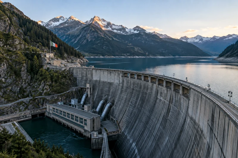 Scena editoriale ordinaria ultrarealistica di una grande diga idroelettrica nelle Alpi italiane, con bacino e infrastrutture energetiche.