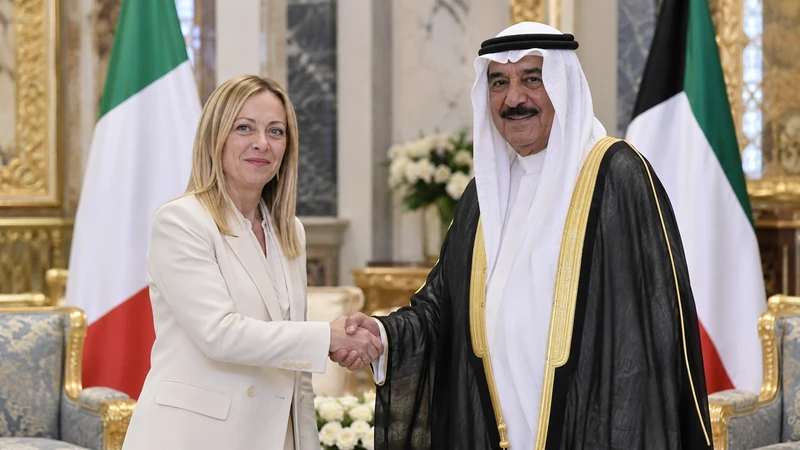 Illustrazione editoriale IA dell’incontro tra Giorgia Meloni e l’emiro del Kuwait; scena non documentaria.