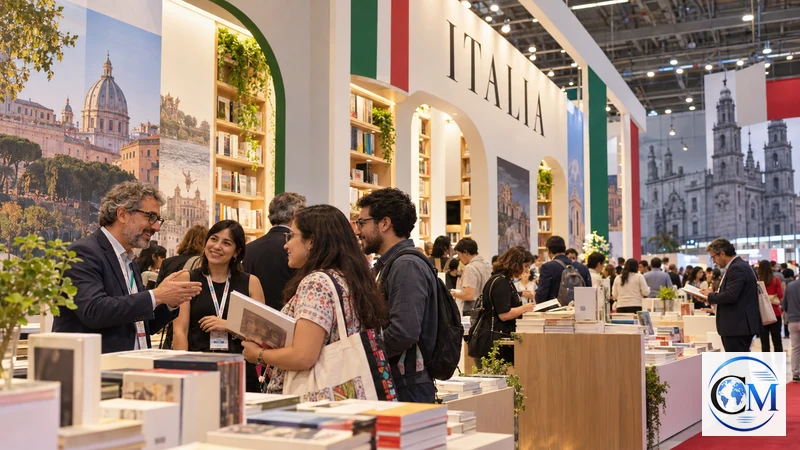 Illustrazione editoriale IA ultrarealistica del padiglione italiano alla Fiera del Libro di Guadalajara con editori e visitatori; scena non documentaria.