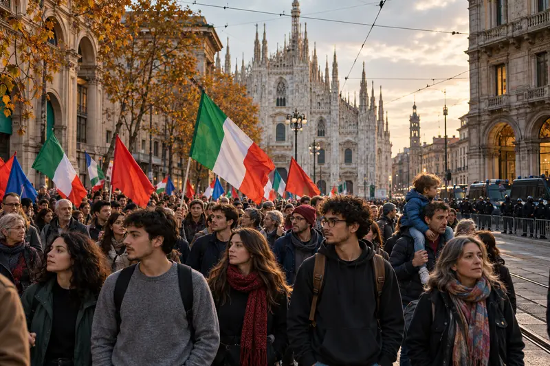 Corteo pacifico di studenti, lavoratori e famiglie nel centro di Milano con tricolori e polizia distante; illustrazione editoriale IA non documentaria.