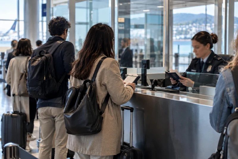 Immagine editoriale IA di controlli documentali ordinati in un aeroporto europeo, senza persone identificabili