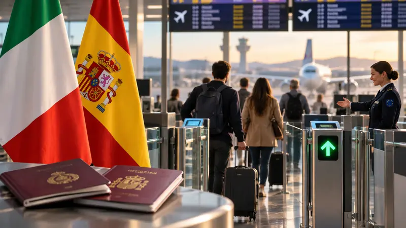 Un varco aeroportuale tra bandiere italiane e spagnole, illustrazione editoriale IA non documentaria.