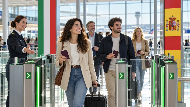 Varco aeroportuale aperto tra bandiere italiana e spagnola, illustrazione editoriale IA non documentaria.