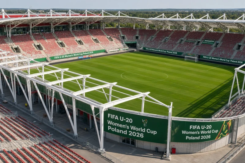 Illustrazione editoriale generata con IA: stadio ŁKS di Łódź per il Mondiale Under 20 femminile Fifa; non è una fotografia documentaria.