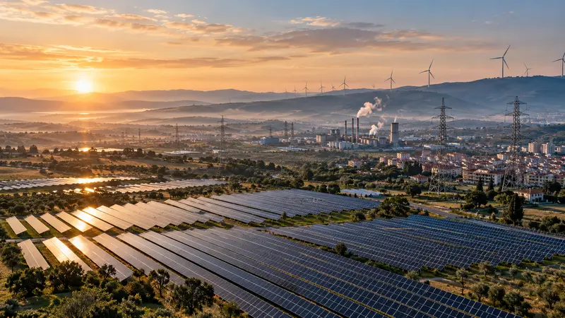 Illustrazione editoriale IA del sistema energetico italiano con impianti solari, pale eoliche, rete e area industriale.