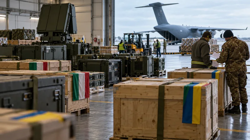 Casse di aiuti italiane e ucraine pronte in un hangar logistico, illustrazione editoriale IA