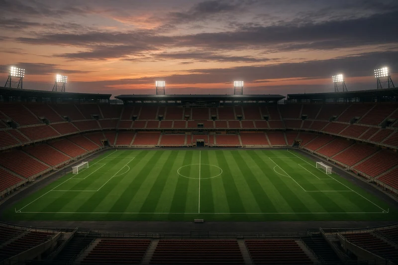 Illustrazione editoriale IA di uno stadio di calcio italiano al tramonto; scena non documentaria.