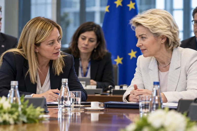 Incontro istituzionale tra rappresentanti italiani ed europei; illustrazione editoriale IA, non fotografia documentaria.