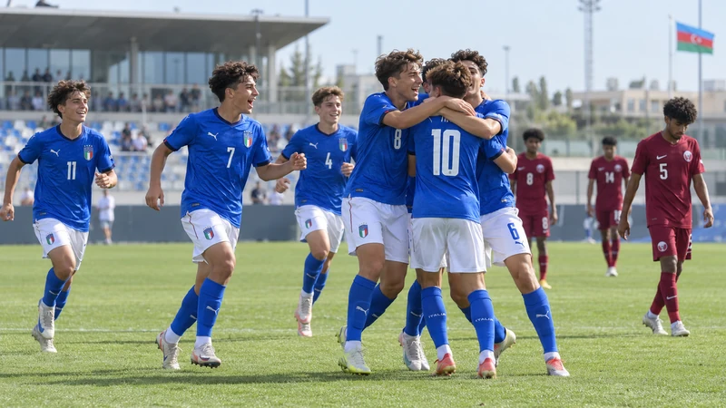 La Nazionale italiana Under 15 festeggia un gol a Baku, illustrazione editoriale generata con IA