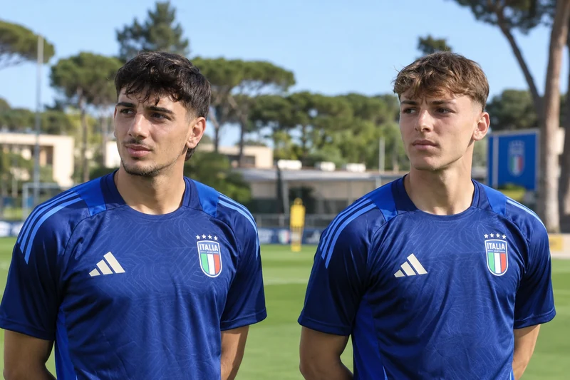 Illustrazione IA di due calciatori dell’Italia Under 21 in maglia azzurra sul campo di allenamento.