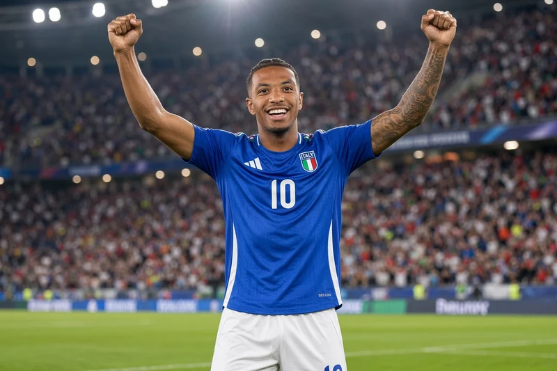 Illustrazione editoriale IA di Cher Ndour in maglia azzurra Under 21 che celebra un gol; non è una fotografia documentaria.