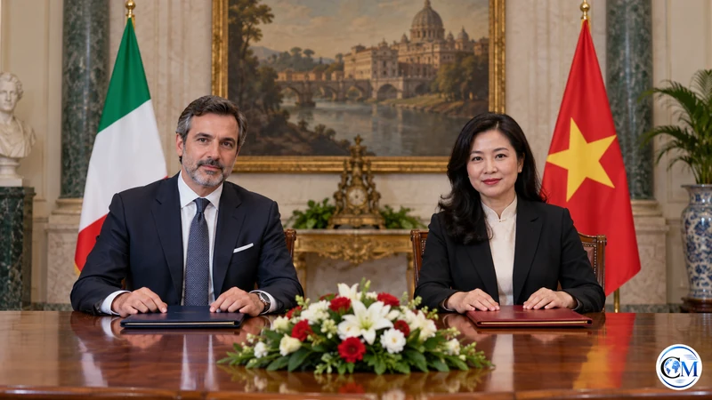 Due funzionari davanti alle bandiere di Italia e Vietnam con fascicoli chiusi; illustrazione editoriale IA non documentaria.