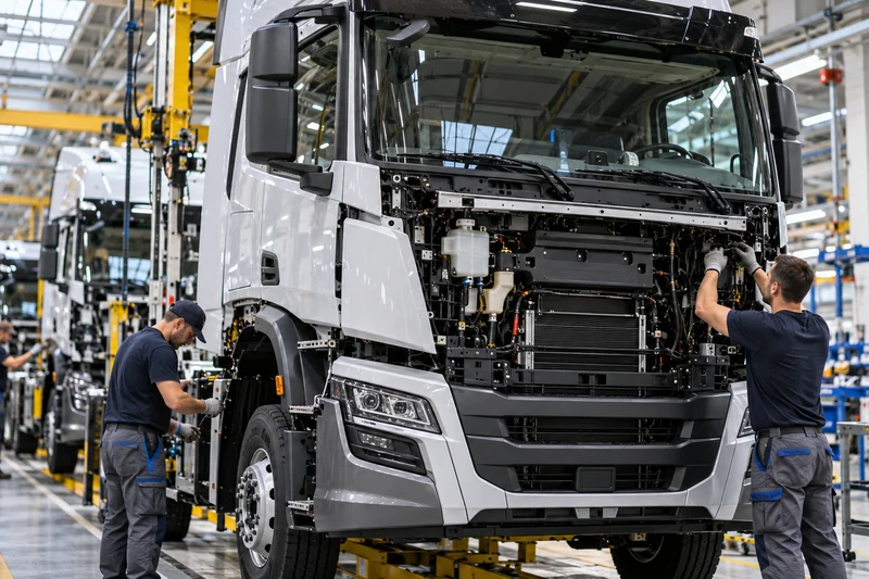 Linea di assemblaggio di veicoli industriali; illustrazione editoriale IA, senza marchi aziendali.