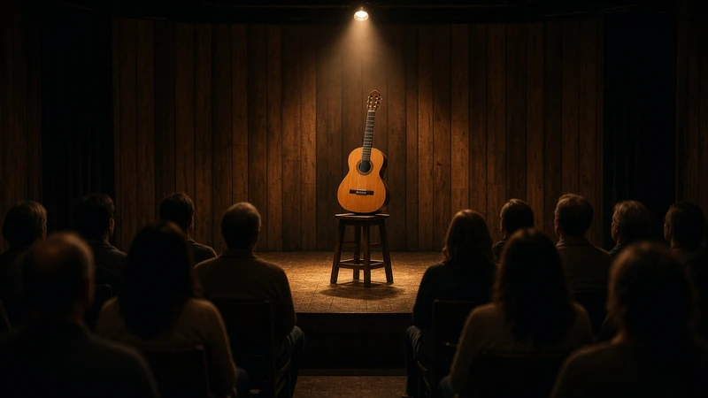 Illustrazione editoriale di un concerto acustico in teatro, senza raffigurare l’artista.