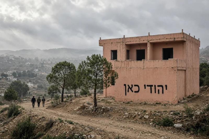 Edificio e collina a Jalud in Cisgiordania; illustrazione editoriale IA non documentaria.