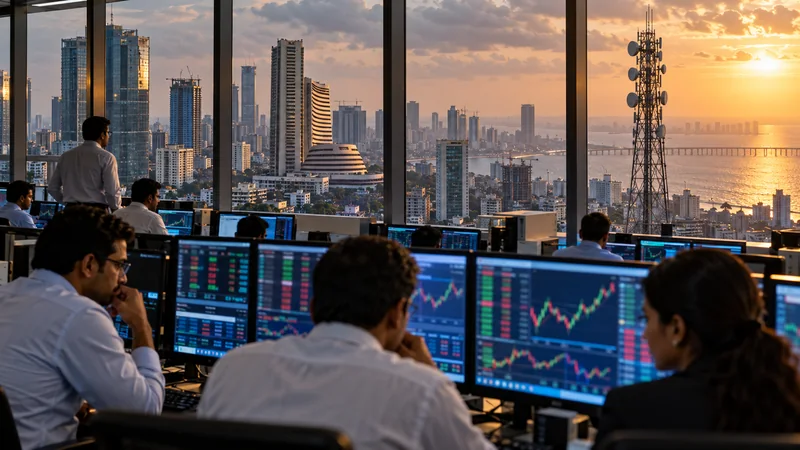 Illustrazione editoriale IA di una sala finanziaria di Mumbai collegata a infrastrutture di telecomunicazione.