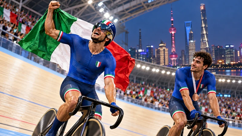 Illustrazione editoriale IA di due pistard italiani in azzurro; rappresentazione simbolica, non fotografia della gara.